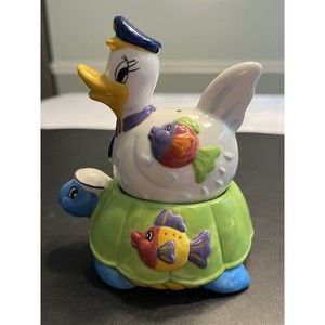 Whimsical Ceramic Duck Riding On Turtle’s Back Salt & Pepper Shakers